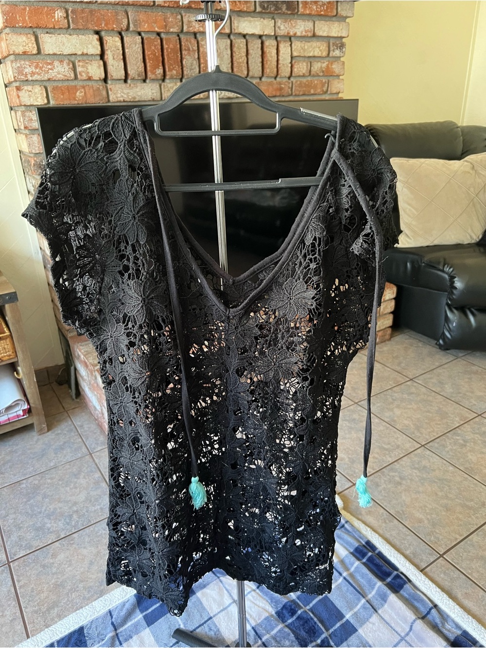 Black Crochet Lace Swim Coverup with Tassel Ties